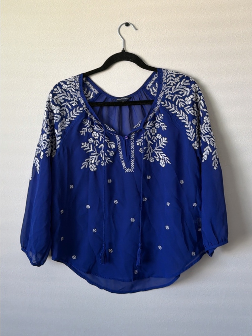 American Eagle Embroidered Boho Blue Chiffon Blouse